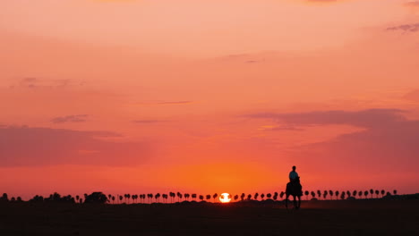 Silhouette-Eines-Mädchens,-Das-Bei-Sonnenuntergang-Mit-Klarem-Himmel-Im-Hintergrund-Reitet