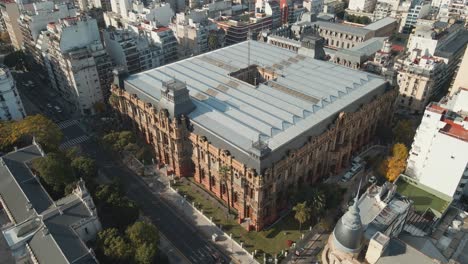 Aerial-pan-left-flying-over-the-Palace-of-Running-Waters,-a-National-Historical-Monument-of-Buenos-Aires