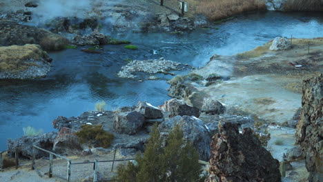 Turquoise-and-Steaming-Hot-Spring,-Hot-Creek-Geological-Site,-Inyo-National-Forest,-High-Angle
