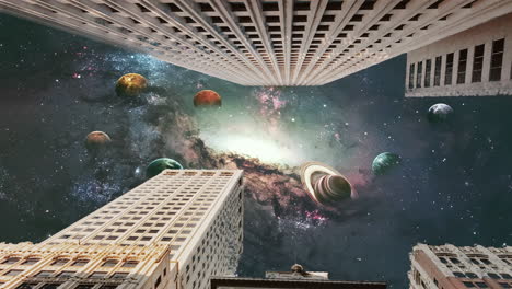 Sky-replacement-effect,-buildings,-skyscrapers,-planets-in-space,-dramatic-abstract-sci-fi-astrophotography-illustration,-3d-cosmos-astronomy-background