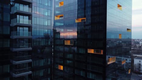Aerial-View-Of-Glass-Buildings-At-Sunset