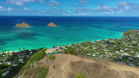 Panoramic-aerial-view-of-the-upper-Pillbox-in-Lanikai,-on-the-west-side-of-Oahu,-Hawaii