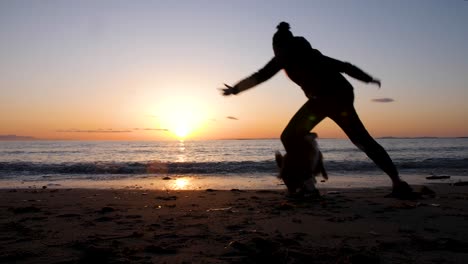 woman-plays-catch-in-a-circle-with-her-shepherd-dob-on-the-beach