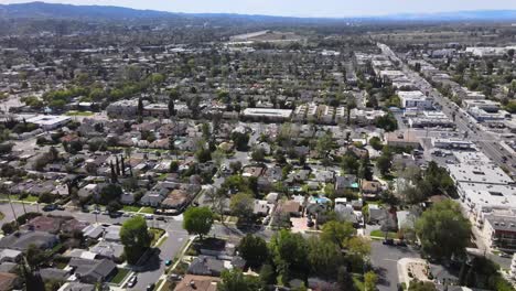 Van-Nuys-residential-neighborhood-of-house,-aerial-view-of-city,-Los-Angeles