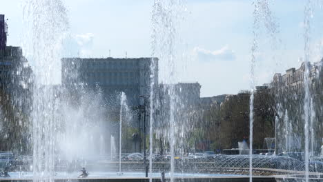 Static-shot-of-Bucharest-fountains-at-Unirii-Square-on-sunny-day
