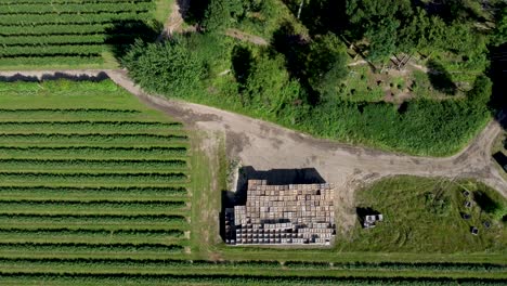 A-birds-eye-drone-shot-of-empty-wooden-crates-waiting-to-be-filled-with-apples