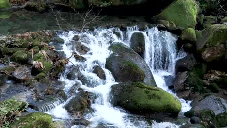Klarer-Fluss-Mitten-Im-Wald-Mit-Wasserfall