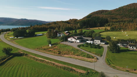 Pequeña-Comunidad-Agrícola-De-Skjerstad-En-El-Norte-De-Noruega,-Antena