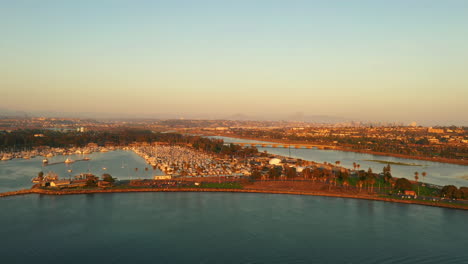 Aerial-of-Mission-Bay,-San-Diego-river,-with-skyline-in-distance