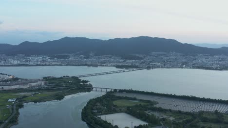 Aerial-view-of-Biwako-and-Shiga-Prefecture-at-Sunset-in-Rural-Japan