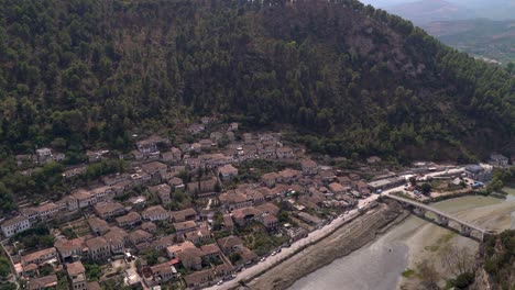 Looking-down-at-Berat-town-from-castle-with-river-and-bridge
