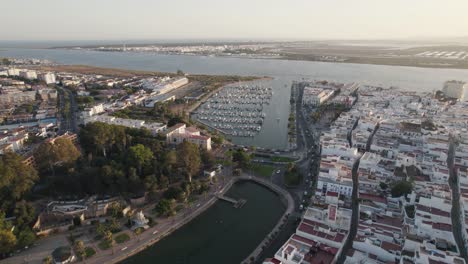 Aerial-rotation-Ayamonte-City-and-marina-landscape-with-Portugal-as-background