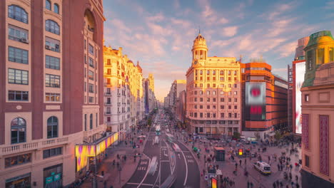 Day-to-night-time-lapse-of-Gran-Via-street-in-Madrid,-Spain