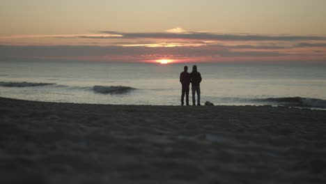 Zwei-Freunde-Stehen-Am-Strand-Und-Beobachten-Den-Sonnenuntergang