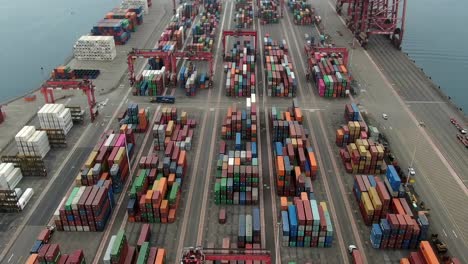 Muelle-Sur-del-Callao-Container-Port-From-Above-With-Delivery-Trucks-In-Lima,-Peru