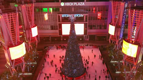 Ice-Skating-Ring-|-Downtown-Los-Angeles-|-Xbox-Plaza-|-LA-Live-|-Christmas-Tree-|-Night-time-|-Descending-Shot