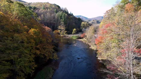 aerial-of-the-new-river-in-watauga-county-nc,-north-carolina-with-fall-foilage