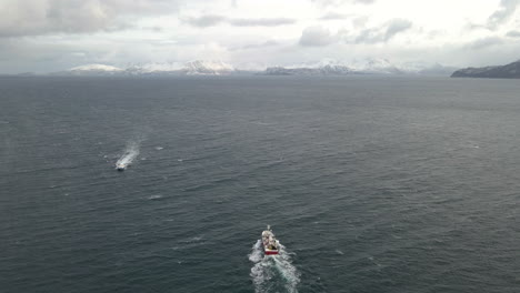 Big-fishing-vessel-passing-smaller-boat-going-in-opposite-direction,-harsh-Arctic,-drone