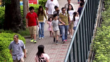 Slow-motion-pedestrian-crowded-road-in-a-green-park-in-asiatic-metropolis