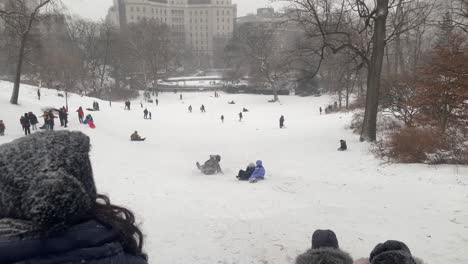 Kids-Sled-Down-Big-Hill-In-Central-Park,-New-York-City