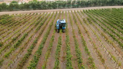 Aerial-dolly-out-view-of-a-blue-grape-harvester-in-a-vineyard-in-the-Maipo-Valley,-Chile