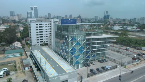 Victoria-Island-Lagos,-Nigeria---20-Feb-2022:-Drone-view-of-Number-One,-an-office-building-in-Victoria-Island