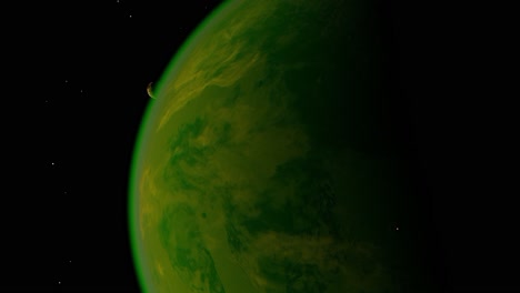 Moviéndose-Hacia-El-Planeta-Hip-34588-3-Con-Una-Atmósfera-Verde-Y-Luces-O-Un-Volcán-En-La-Superficie