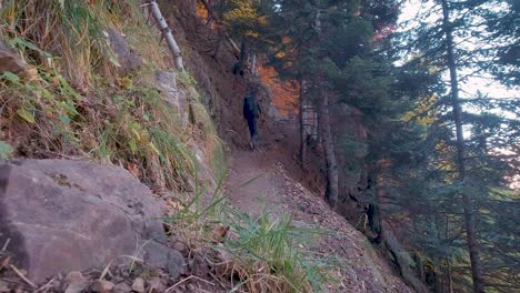 Hiker-man-with-trekking-backpack-walking-uphill-on-trail-in-dark-autumn-woods-in-Ordesa-National-Park,-Spain