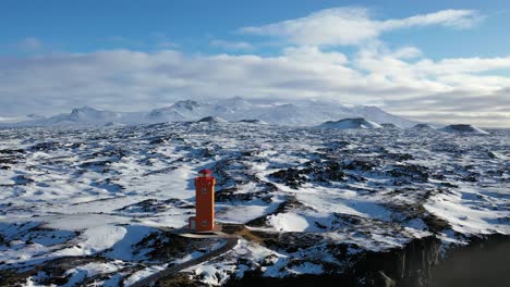Snaefellsjokull-National-Park,-View-of-Svörtuloft-Lighthouse-from-above,-slow-movement
