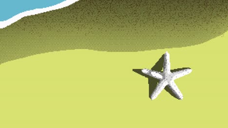 Animationsvideo-Eines-Strandes-Mit-Wellen,-Die-Auf-Einen-Im-Sand-Liegenden-Seestern-Treffen