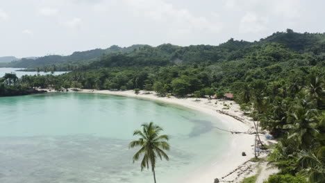Paradise-Beach-Playa-Rincon,-Samana,-Dominican-Republic---aerial-pullback