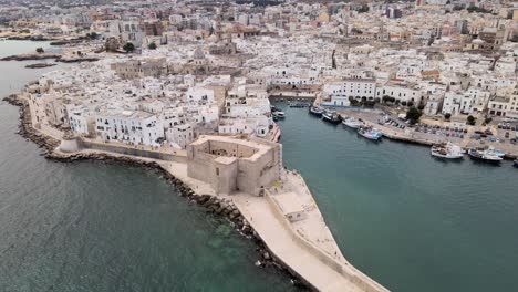 Aerial-drone-shot-of-a-castle-with-a-wall-on-the-coastline-of-Monopoli,-Italy