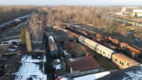 Aerial-drone-view-of-old-and-abandoned-locomotive-depot