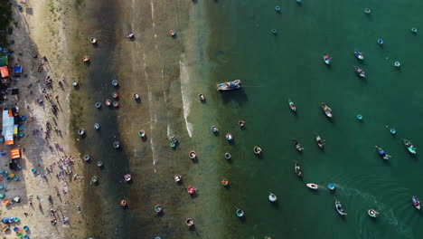 Aerial-top-down,-Vietnamese-round-coracle-fishing-boats-floating-on-beach-shore