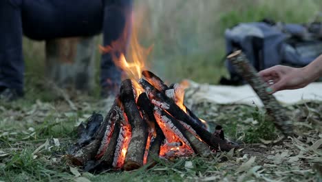 Close-up:-People-sitting-around-Bonfire-in-nature-and-adding-stick-of-wood-in-fire