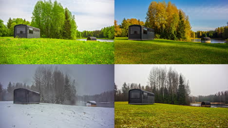 Vier-Jahreszeiten-Illustrationen-Mit-Bildern-Von-Hütten-Am-See-Mit-Sauna