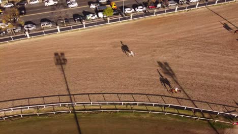 Aerial-top-down-shot-of-horses-trotting-to-starting-point-in-racecourse-in-Bueno-Aires-during-sunset