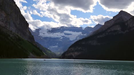 Beautiful-time-lapse-at-lake-louise-near-snow-mountains-in-Banff,-Canada