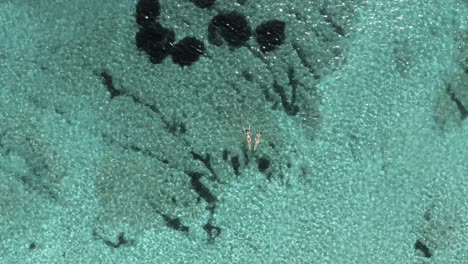 Vogelperspektive-Von-Zwei-Freundinnen,-Die-Während-Der-Sommerferien-In-Der-Nähe-Der-Insel-Sardinien,-Italien,-In-Kristallklarem-Wasser-Schwimmen