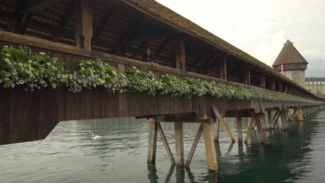 Woman-on-Chapel-bridge,-Lucerne-in-Switzerland