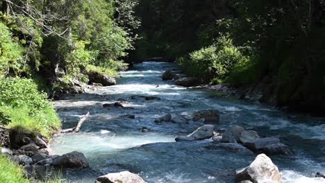Río-Alpino-En-Un-Entorno-Natural,-Rocas-Y-árboles-Crean-Sombras,-Wallis,-Suiza