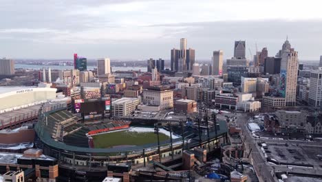 Flying-Over-Baseball-Stadium-Of-Comerica-Park-In-Downtown-Detroit,-Michigan-State,-USA
