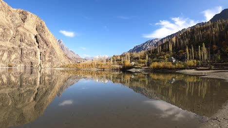 Pan-Left-View-From-Shoreline-Across-Khalti-Lake-During-Bright-Sunny-Day