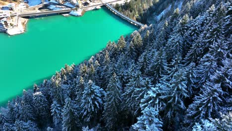 Drone-Aerial-view-of-pine-forest-and-lake-with-snow-in-winter-in-the-Dolomites-mountains