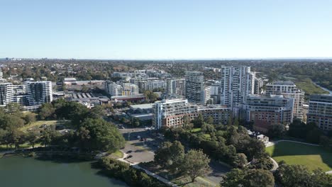 Aerial-view-of-south-west-of-Sydney-residential-apartment-buildings-at-Wolli-Creek,-New-South-Wales
