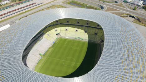 Birds-Eye-View-of-Football-Field-at-Polsat-Plus-Arena,-Home-to-Lechia-Gdansk-in-Poland