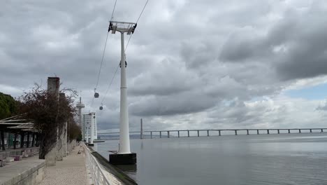 Aerial-lift-to-a-height-of-30-meters-over-the-Tagus-River,-with-panoramic-views-of-the-Nations-Park,-Lisbon