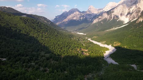 Panoramic-valley-of-Valbona-inside-Alps-in-Albania,-green-forests-and-high-mountains