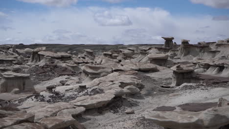Barren-Dry-Desert-Landscape-and-Natural-Sandstone-Formations-of-Bisti-De-Na-Zin-Wilderness,-New-Mexico-USA,-Panorama