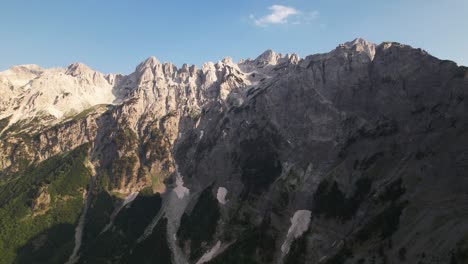 Picos-Escarpados-De-Las-Montañas-Alpinas-Con-Rocas-Cubiertas-De-Nieve-Y-Bosques-Verdes-En-Albania